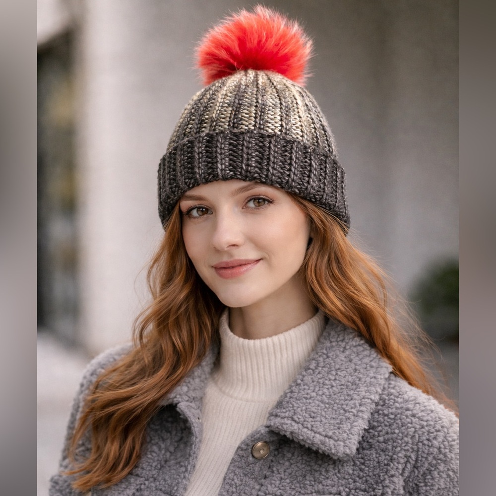 Hand Crochet Gray Hat with Red Pompom